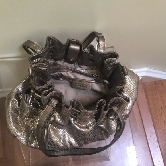 Michael Kors Leather Snake Print Gold Shoulder Hobo Bag Satchel Pockets Neutral - Picture 11 of 16